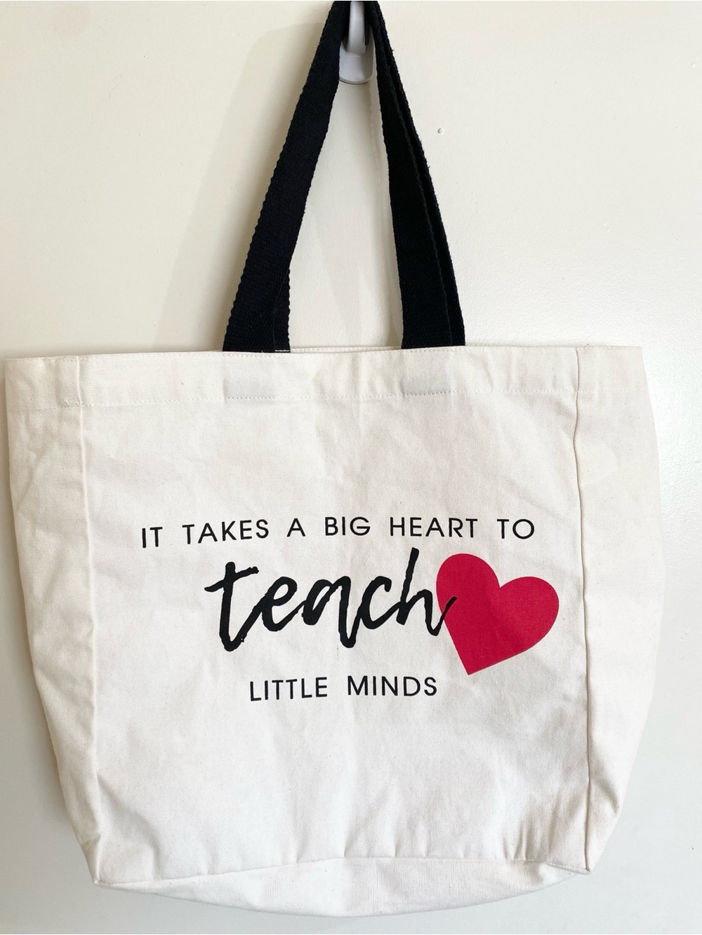 Large Cream Canvas Teacher Tote Bag with Red Heart